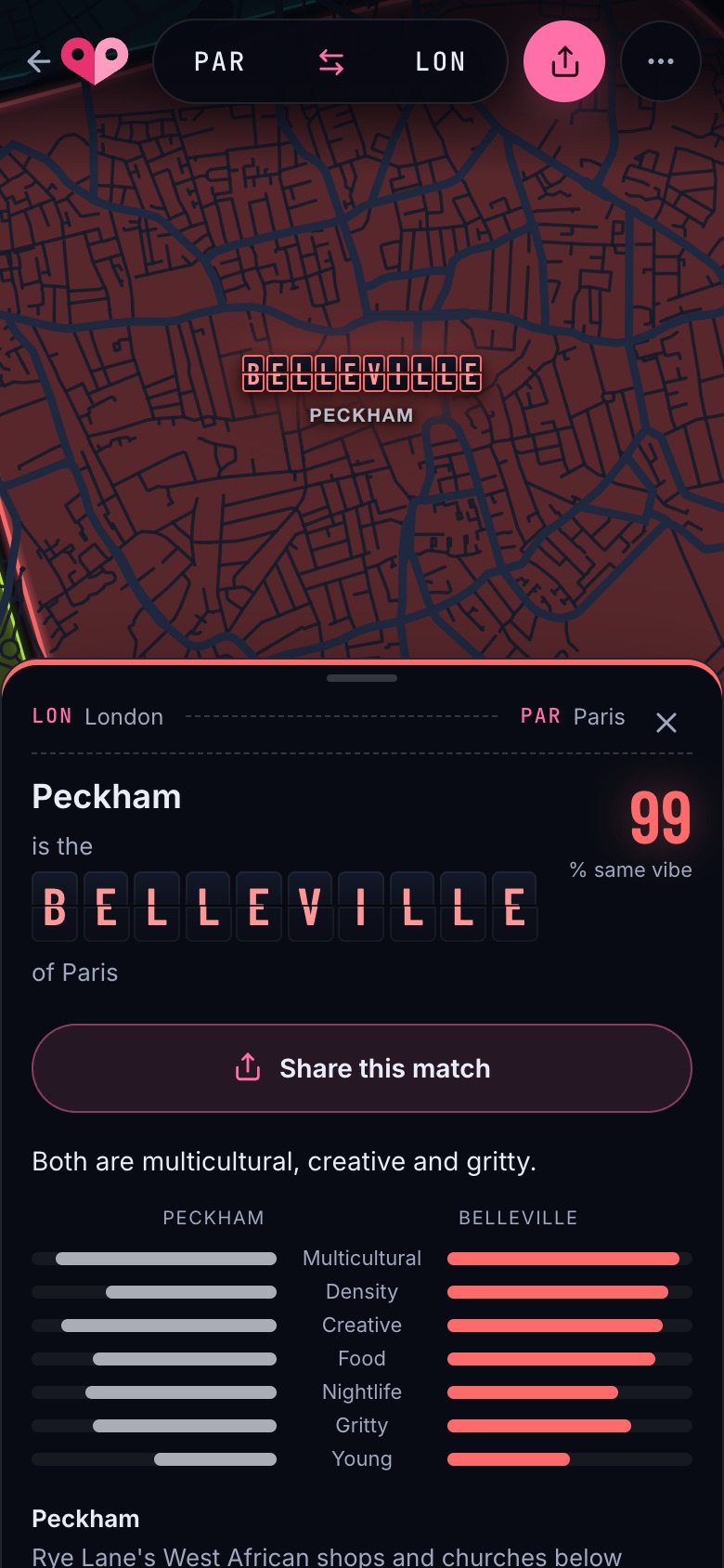 Twinhoods on a phone: London translated into Paris, with a sheet saying Peckham is the Belleville of Paris, 99% same vibe.